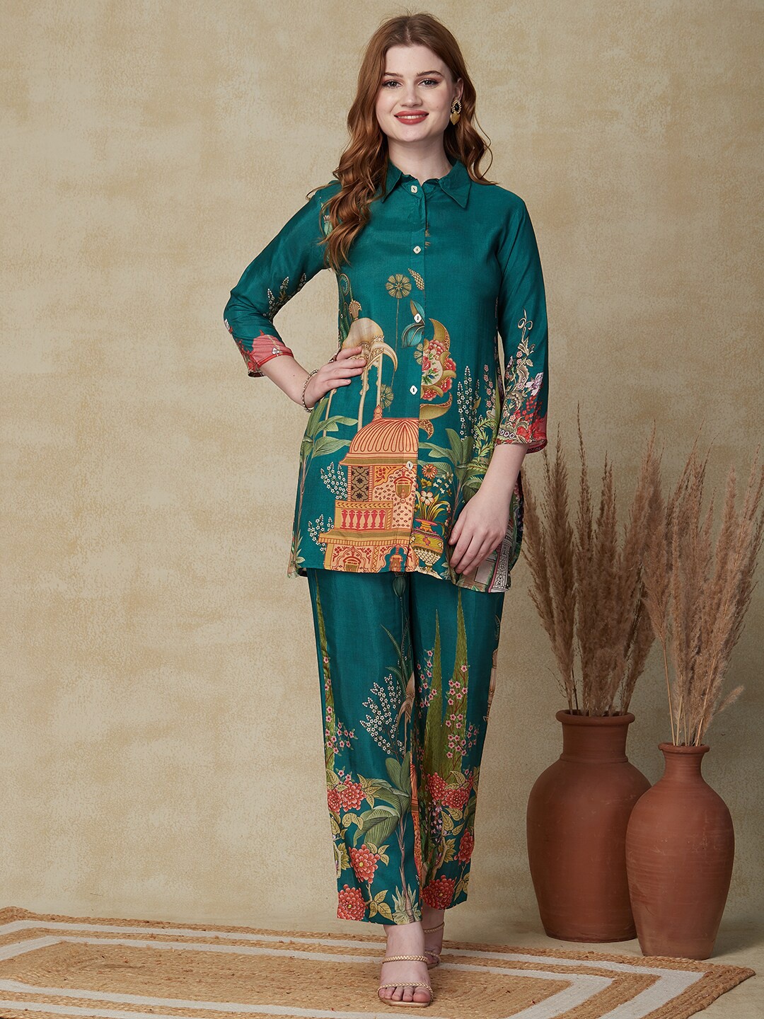 

FASHOR Printed Shirt With Trousers, Green
