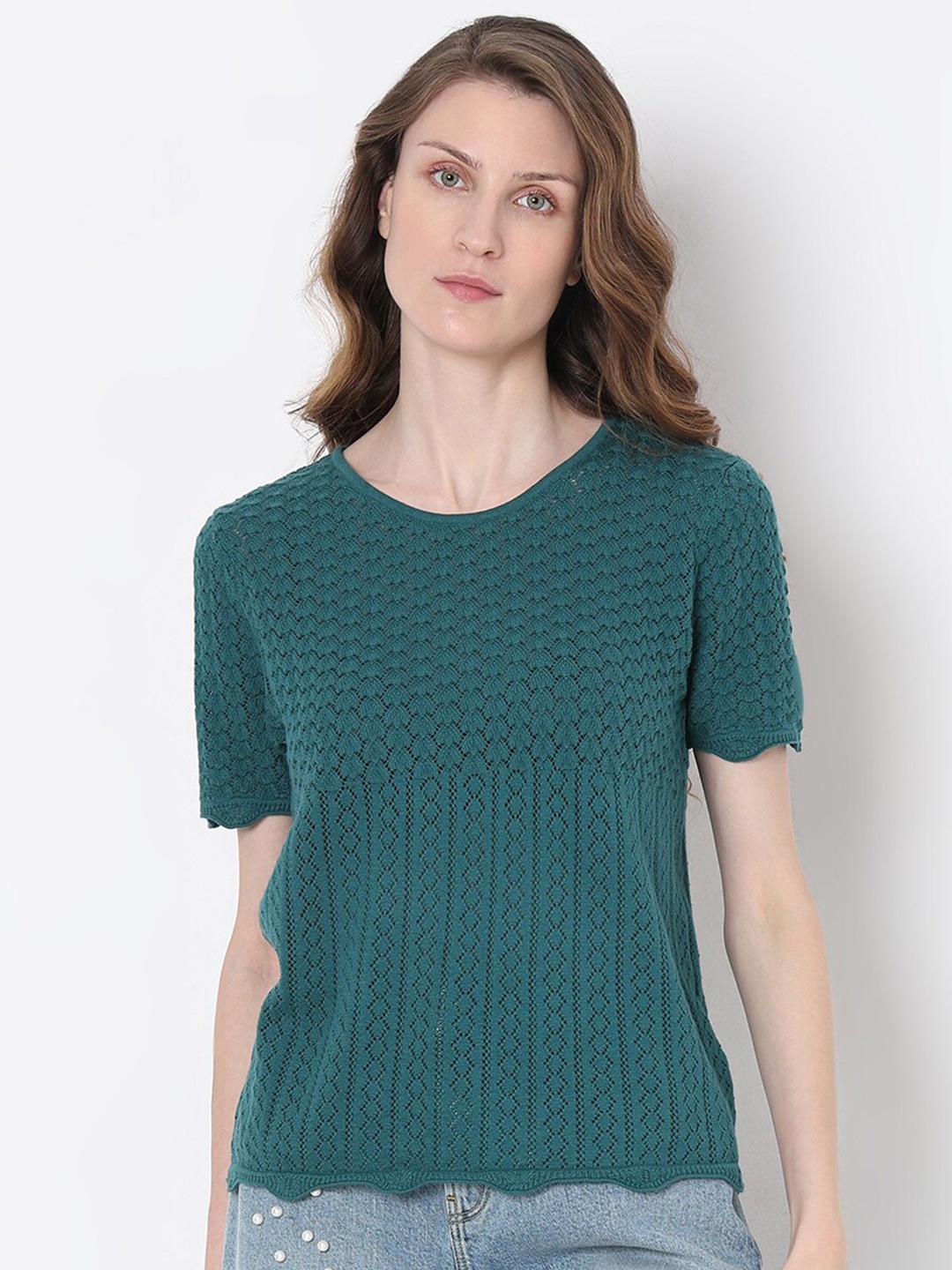 

Vero Moda Round Neck Cotton Knitted Top, Green