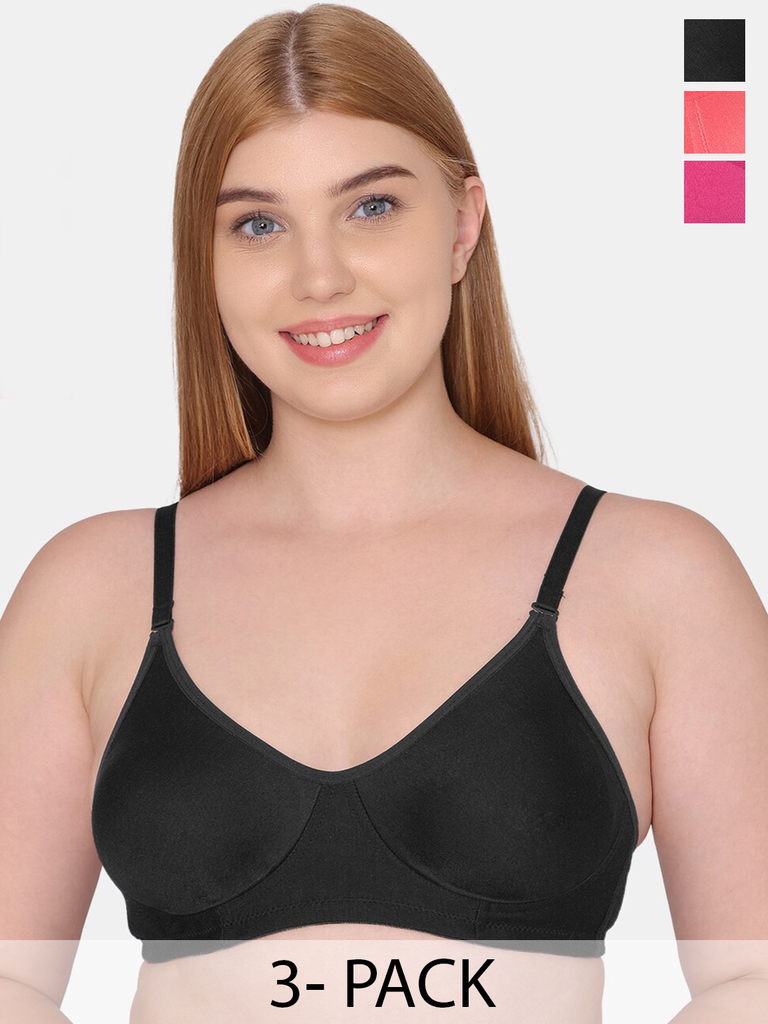 

KOMLI Pack Of 3 Full Coverage Non Padded Cotton T-shirt Bras With All Day Comfort, Black