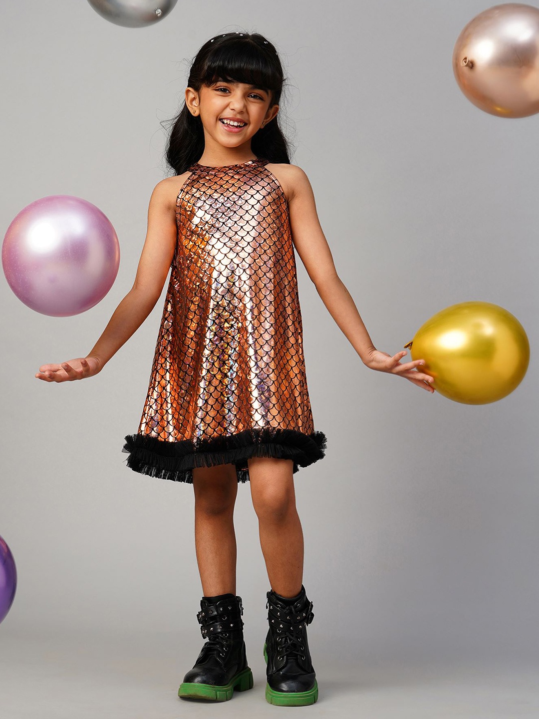 

LIL DRAMA Girls Geometric Print Halter Neck Dress, Gold