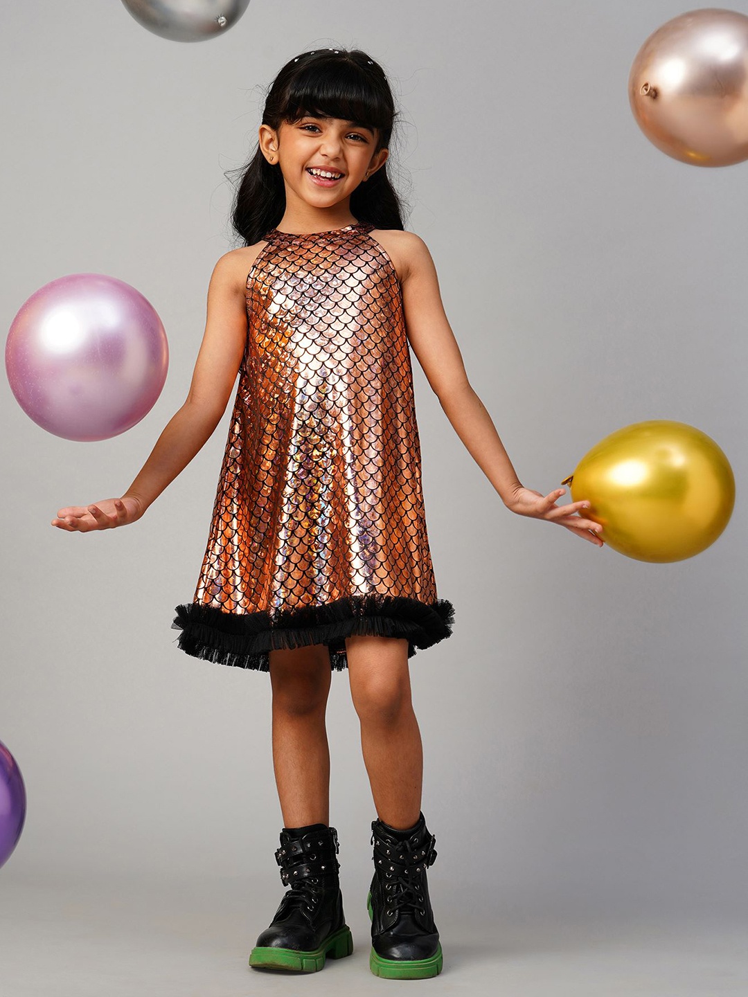 

LIL DRAMA Girls Geometric Print Halter Neck Dress, Gold