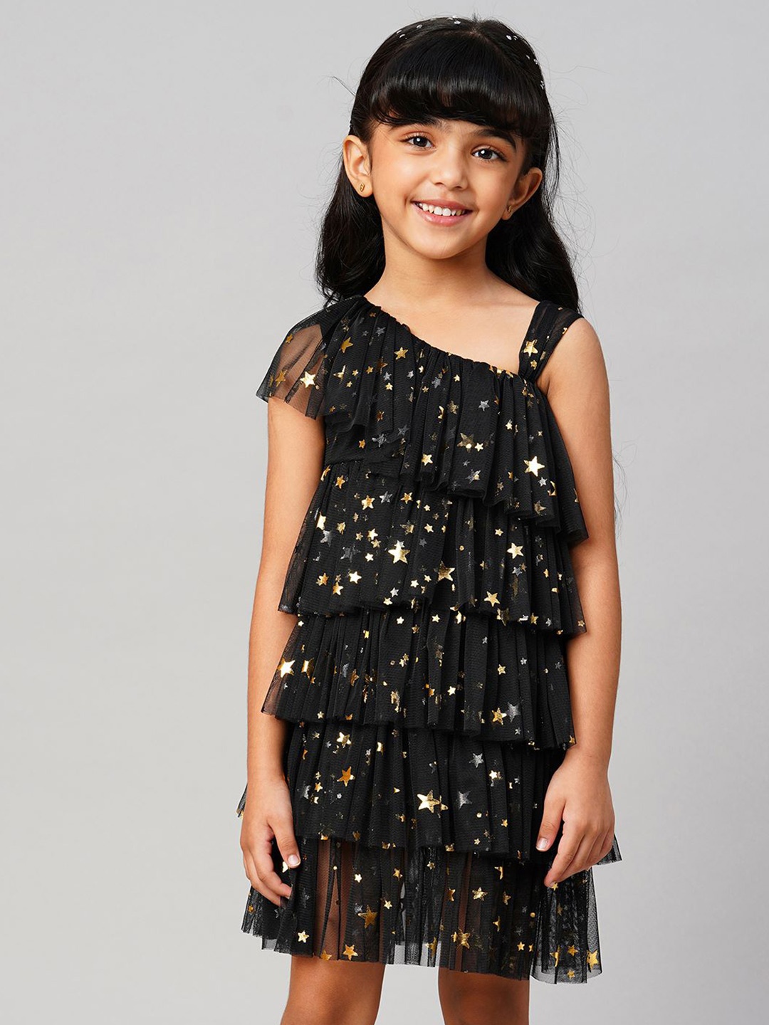 

LIL DRAMA Girls Conversational Embellished Tiered Dress, Black