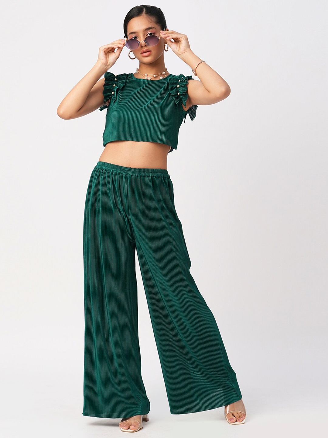 

LIL DRAMA Girls Top With Palazzos, Green