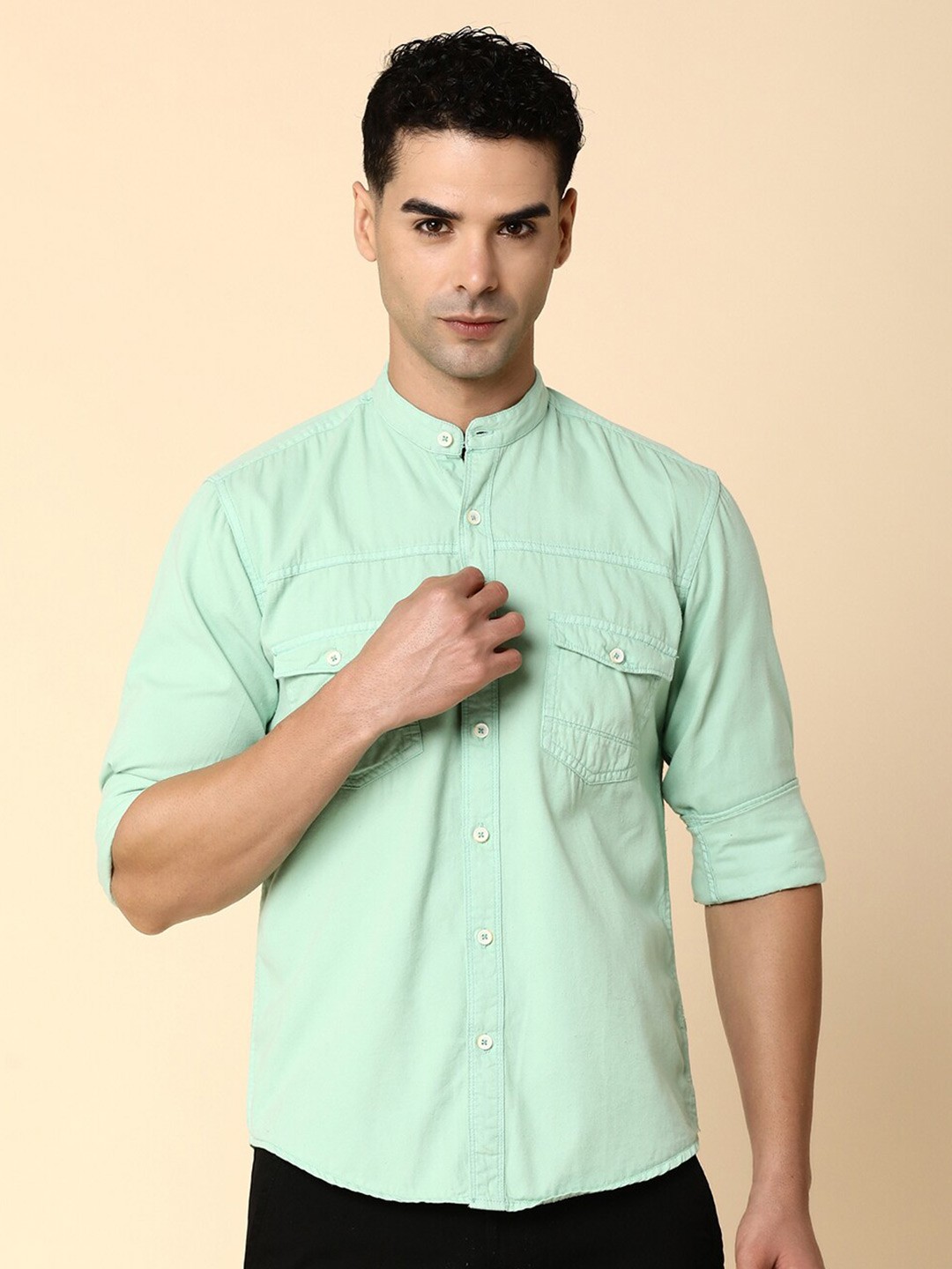 

V-Mart Mandarin Collar Casual Shirt, Green