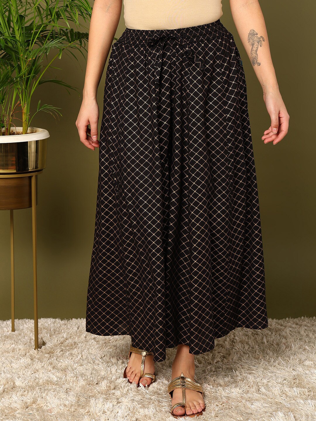 

mokshi Women Checked Flared Ethnic Palazzos, Black