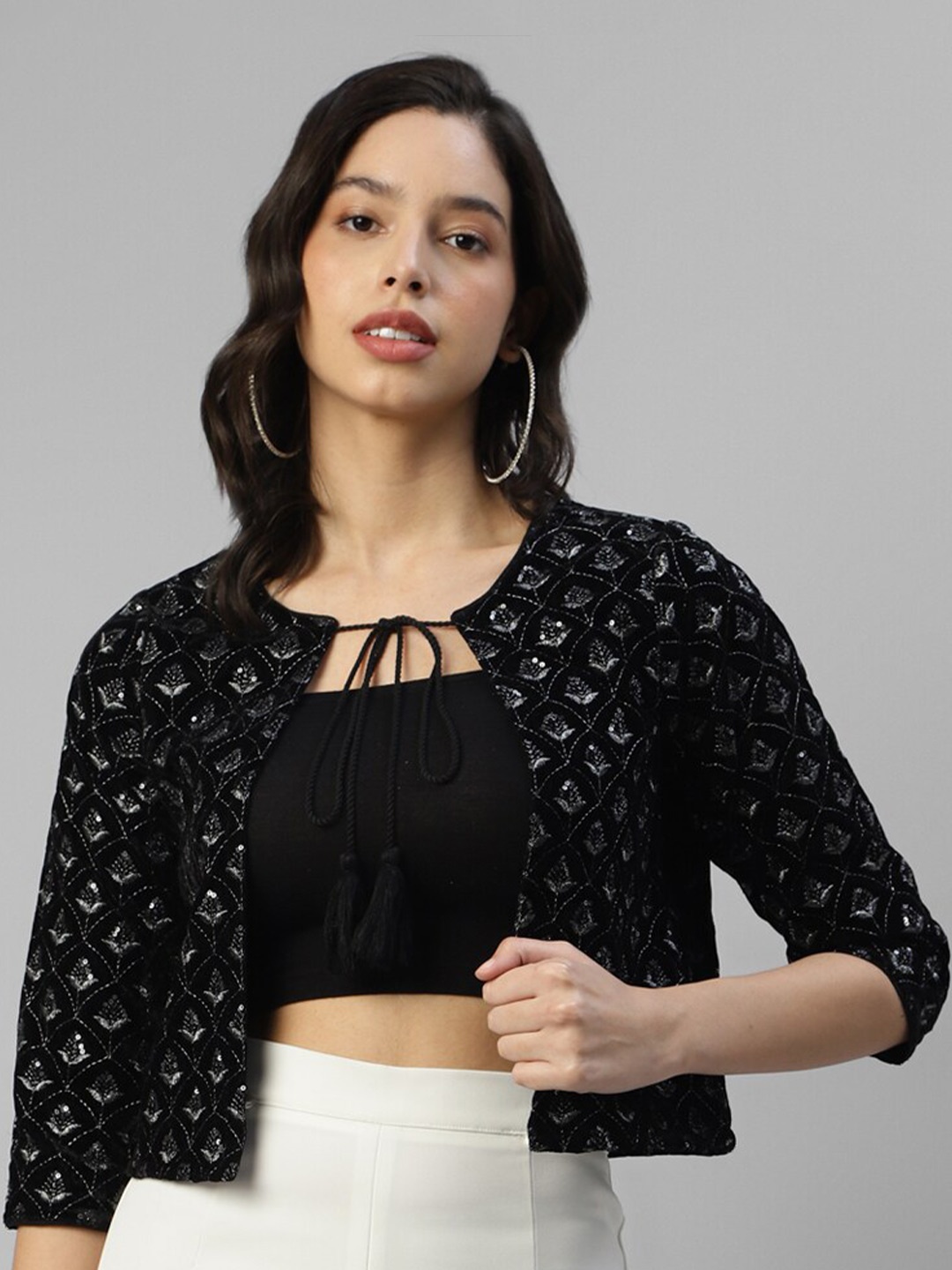 

DEEBACO Embroidered Crop Tie-Up Shrug, Black