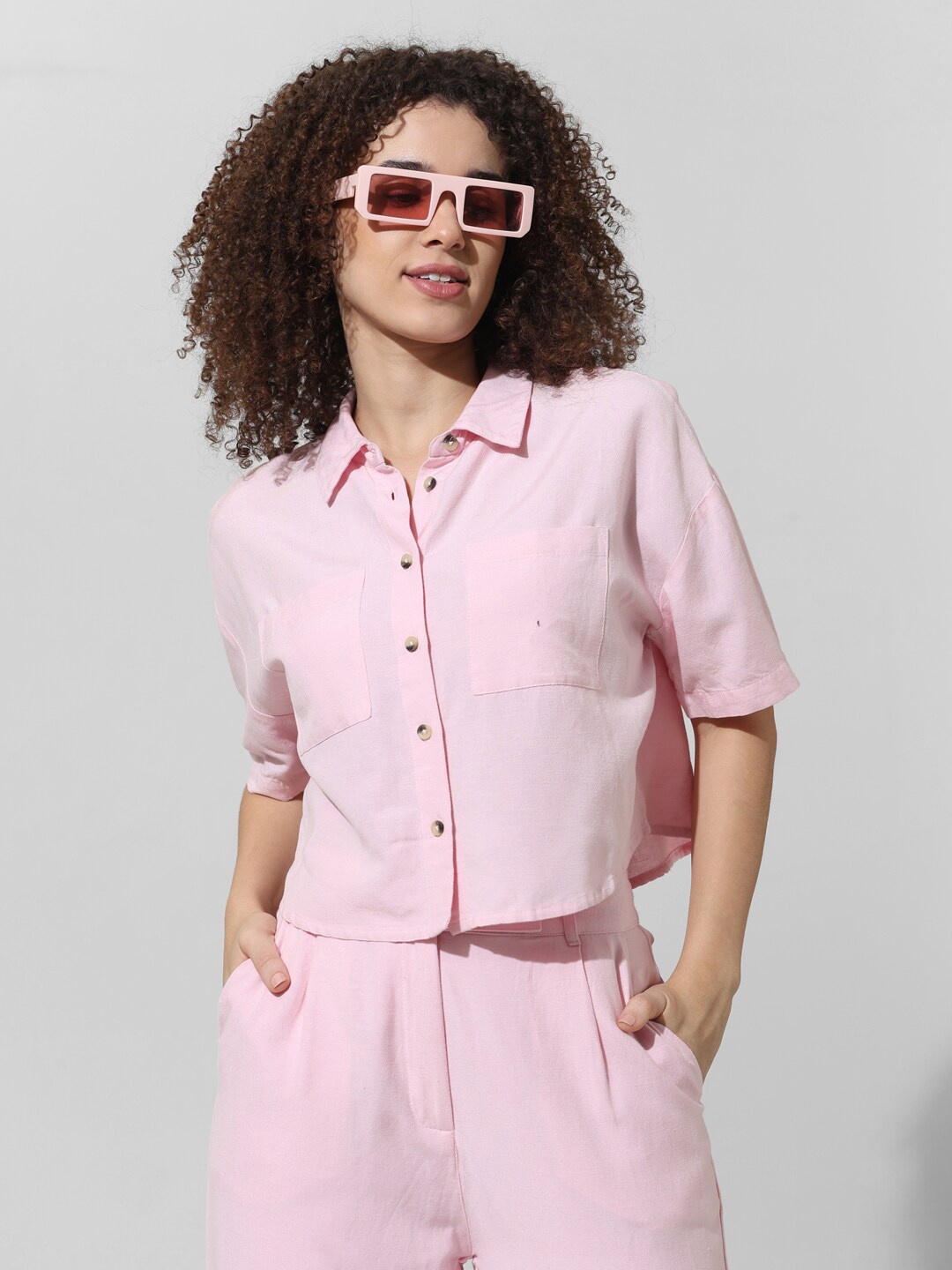 

ONLY Spread Collar Opaque Cotton Casual Shirt, Pink