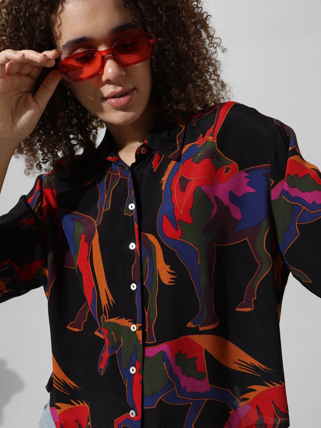 

ONLY Animal Printed Spread Collar Casual Shirt, Black