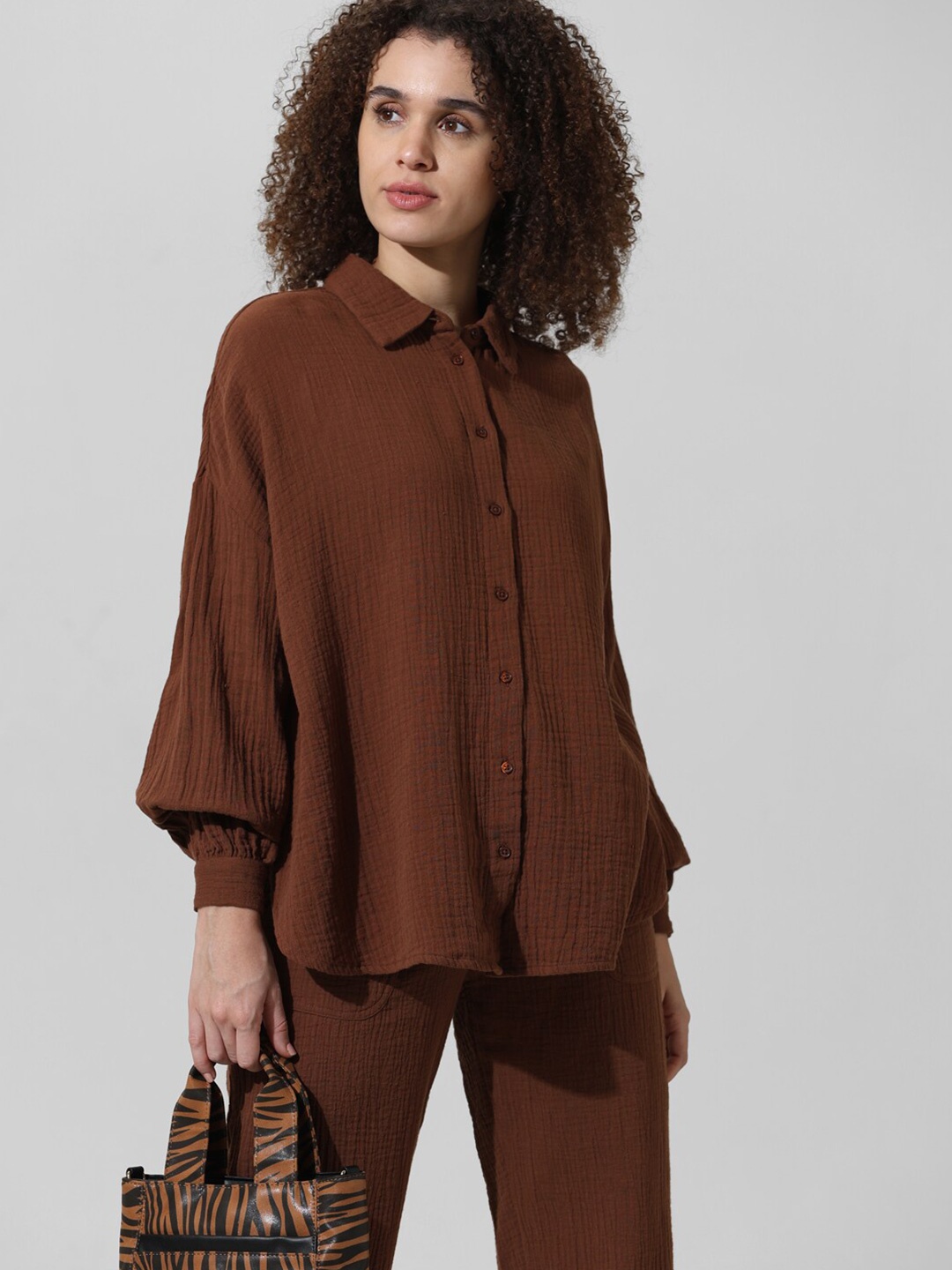 

ONLY Oversized Striped Spread Collar Cotton Casual Shirt, Brown