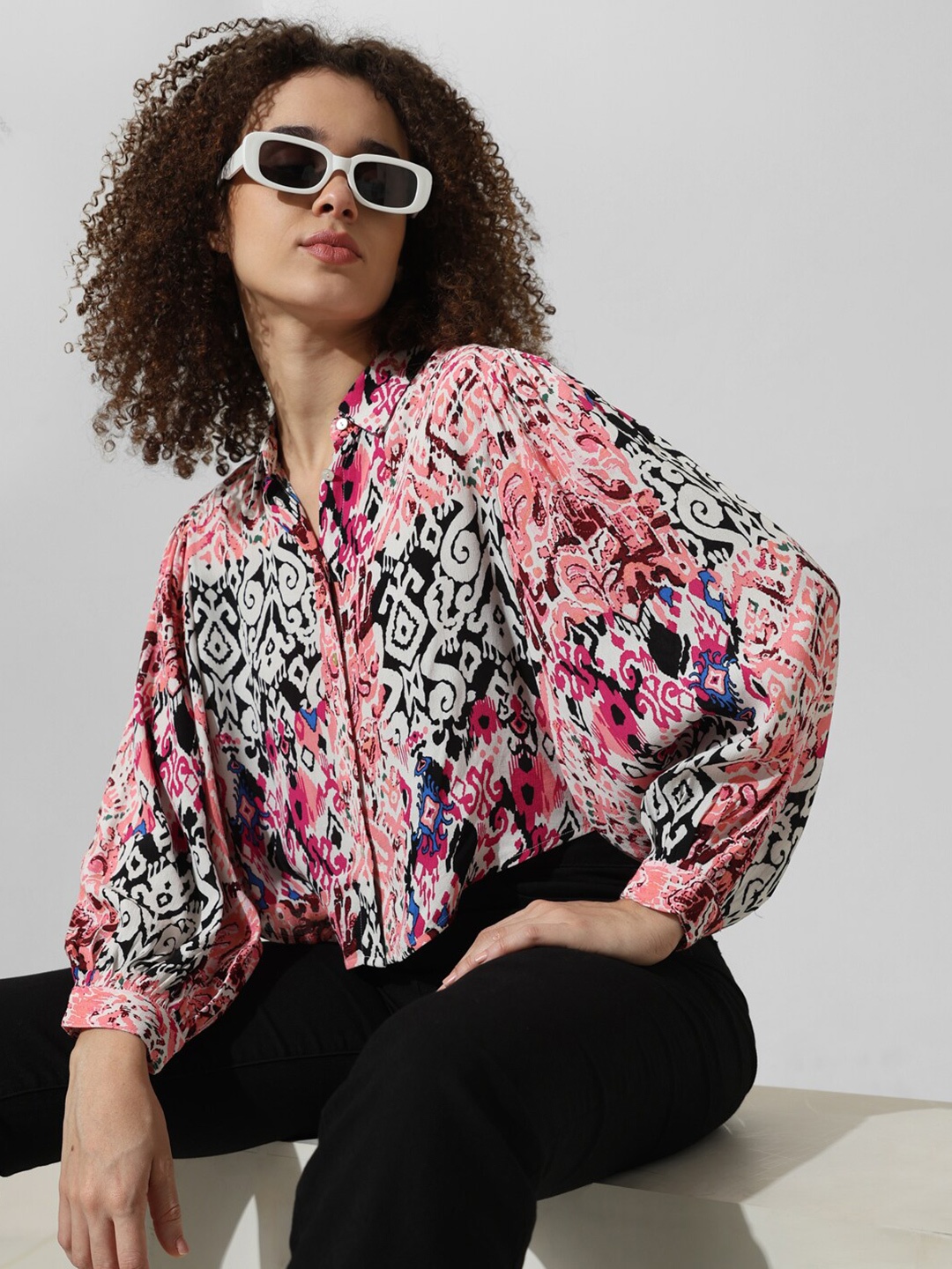 

ONLY Animal Printed Mandarin Collar Long Sleeves Casual Shirt, Pink