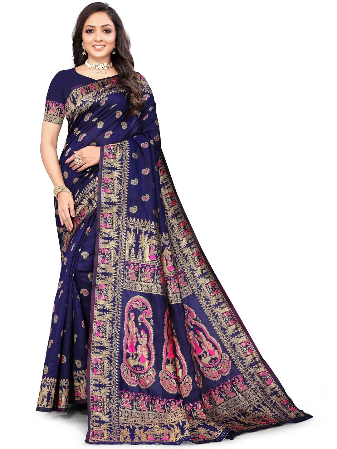 

MUKHITA Ethnic Motifs Woven Design Zari Silk Blend Baluchari Saree, Navy blue