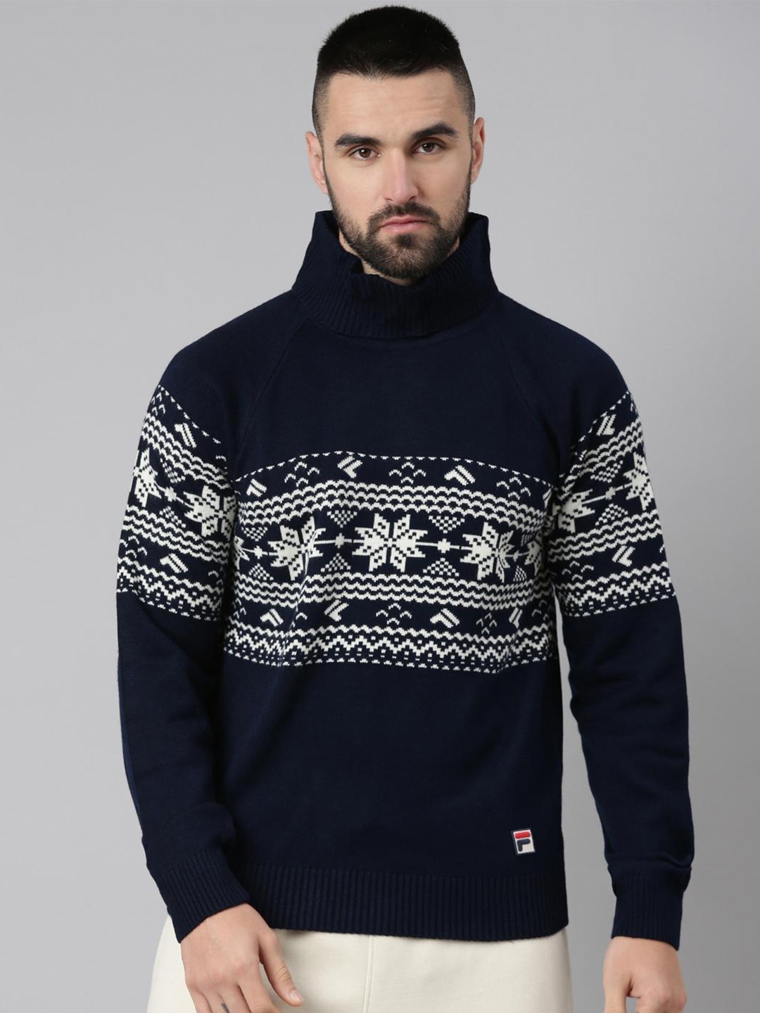 

FILA Floral Printed Turtle Neck Woollen Pullover Sweater, Navy blue