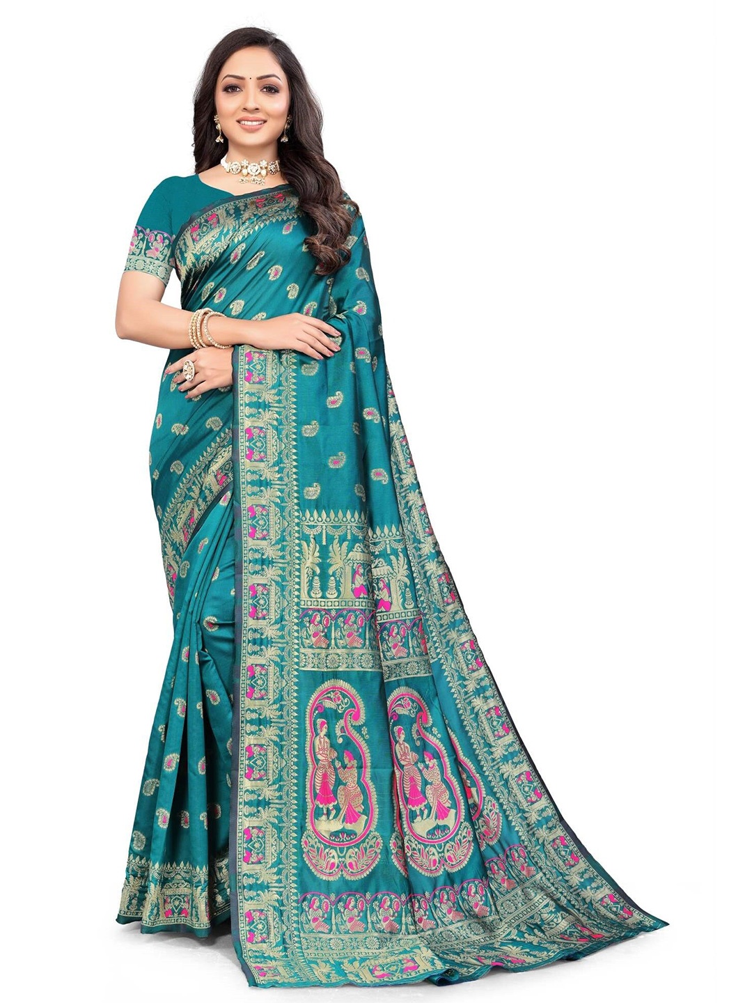 

MUKHITA Ethnic Motifs Woven Design Zari Silk Blend Baluchari Saree, Teal