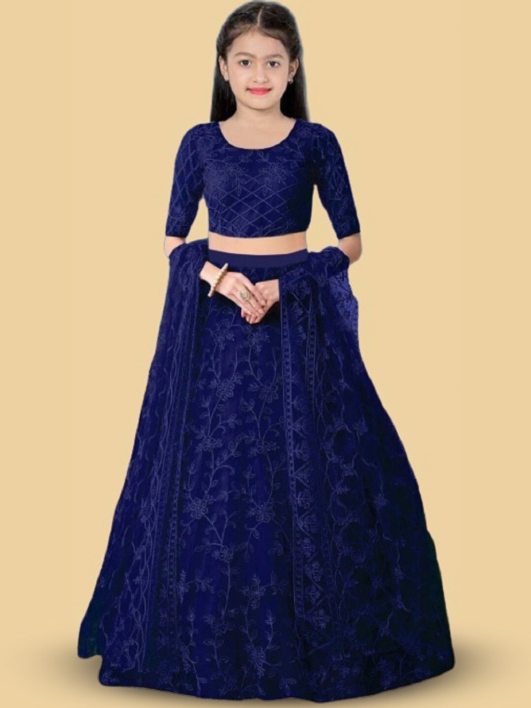 

BAESD Girls Ethnic Motif Embroidered Net Lehenga & Blouse With Dupatta, Navy blue