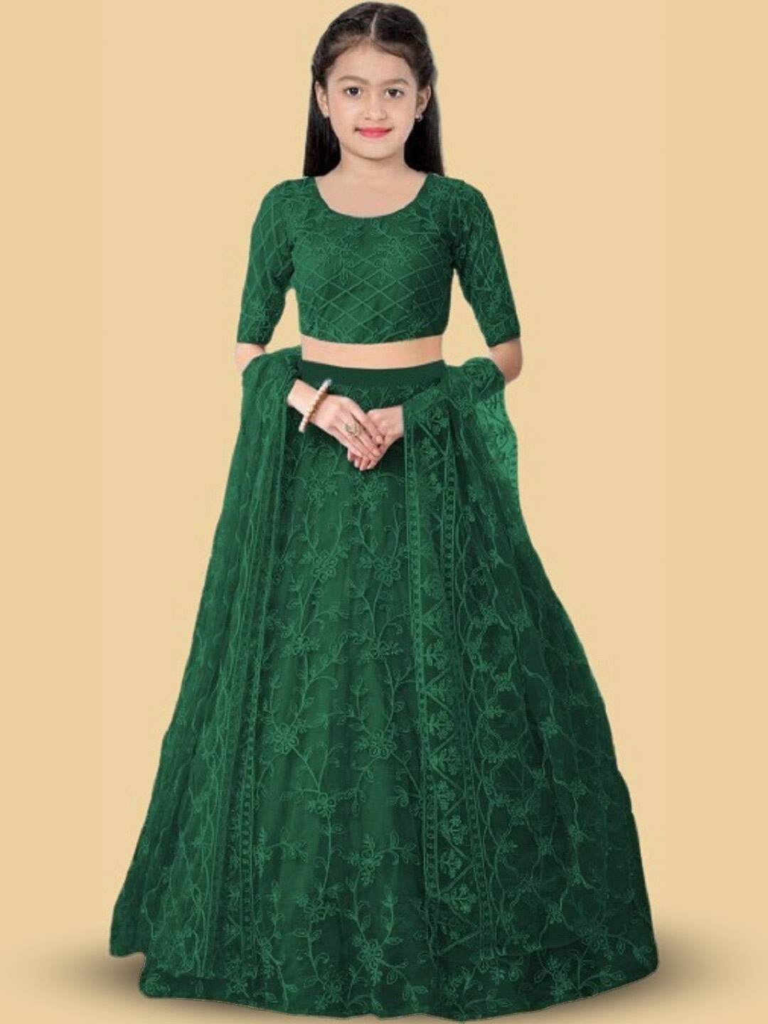 

BAESD Girls Ethnic Motif Embroidered Net Lehenga & Blouse With Dupatta, Green