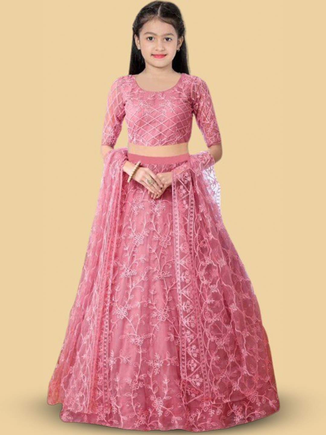 

BAESD Girls Ethnic Motif Embroidered Net Lehenga & Blouse With Dupatta, Pink
