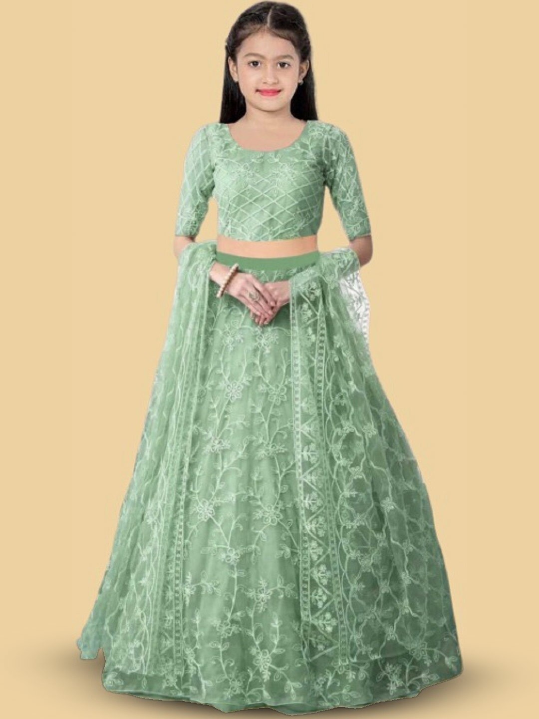 

BAESD Girls Ethnic Motif Embroidered Net Lehenga & Blouse With Dupatta, Green