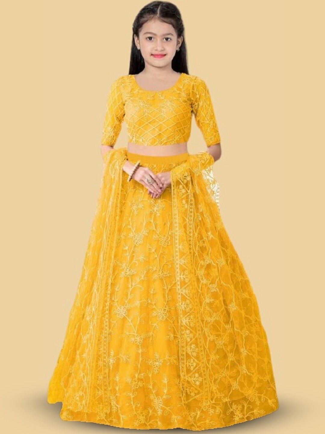 

BAESD Girls Ethnic Motif Embroidered Net Lehenga & Blouse With Dupatta, Yellow