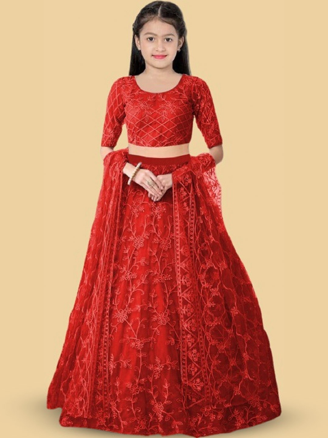 

BAESD Girls Ethnic Motif Embroidered Net Lehenga & Blouse With Dupatta, Red