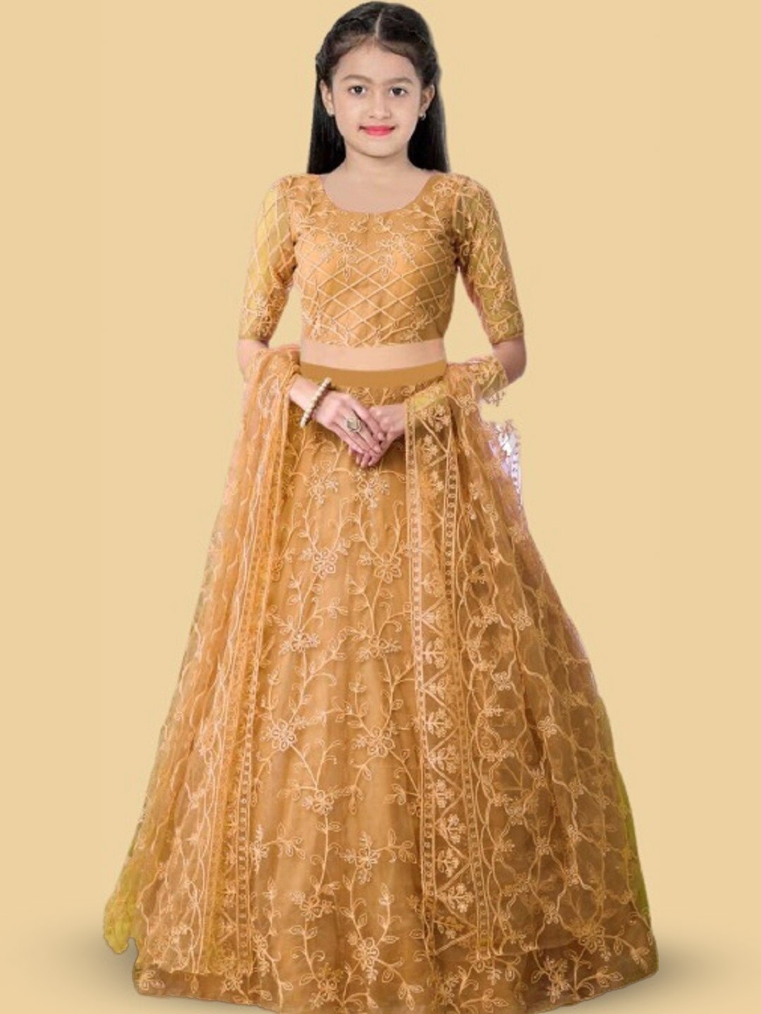 

BAESD Girls Ethnic Motif Embroidered Net Lehenga & Blouse With Dupatta, Cream