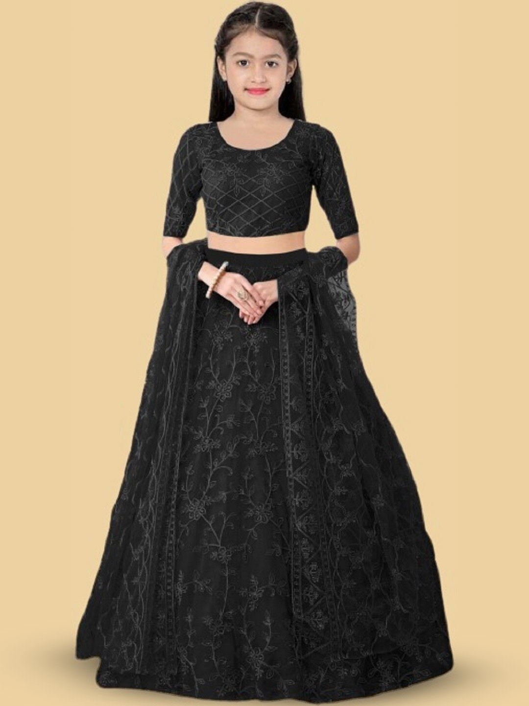 

BAESD Girls Ethnic Motif Embroidered Net Lehenga & Blouse With Dupatta, Black