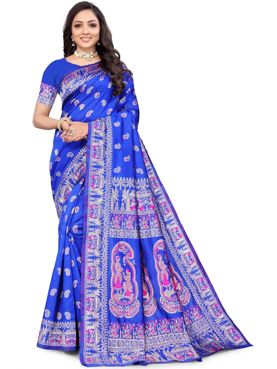 

MUKHITA Ethnic Motifs Woven Design Zari Silk Blend Baluchari Saree, Blue