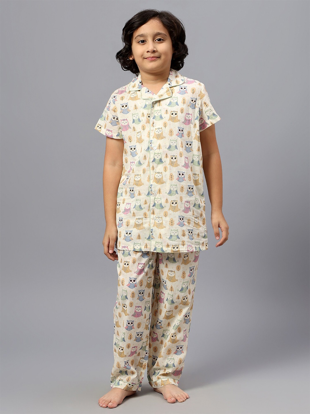 

Kiddiekid Kids Owl Printed Pure Cotton Night Suit, Beige