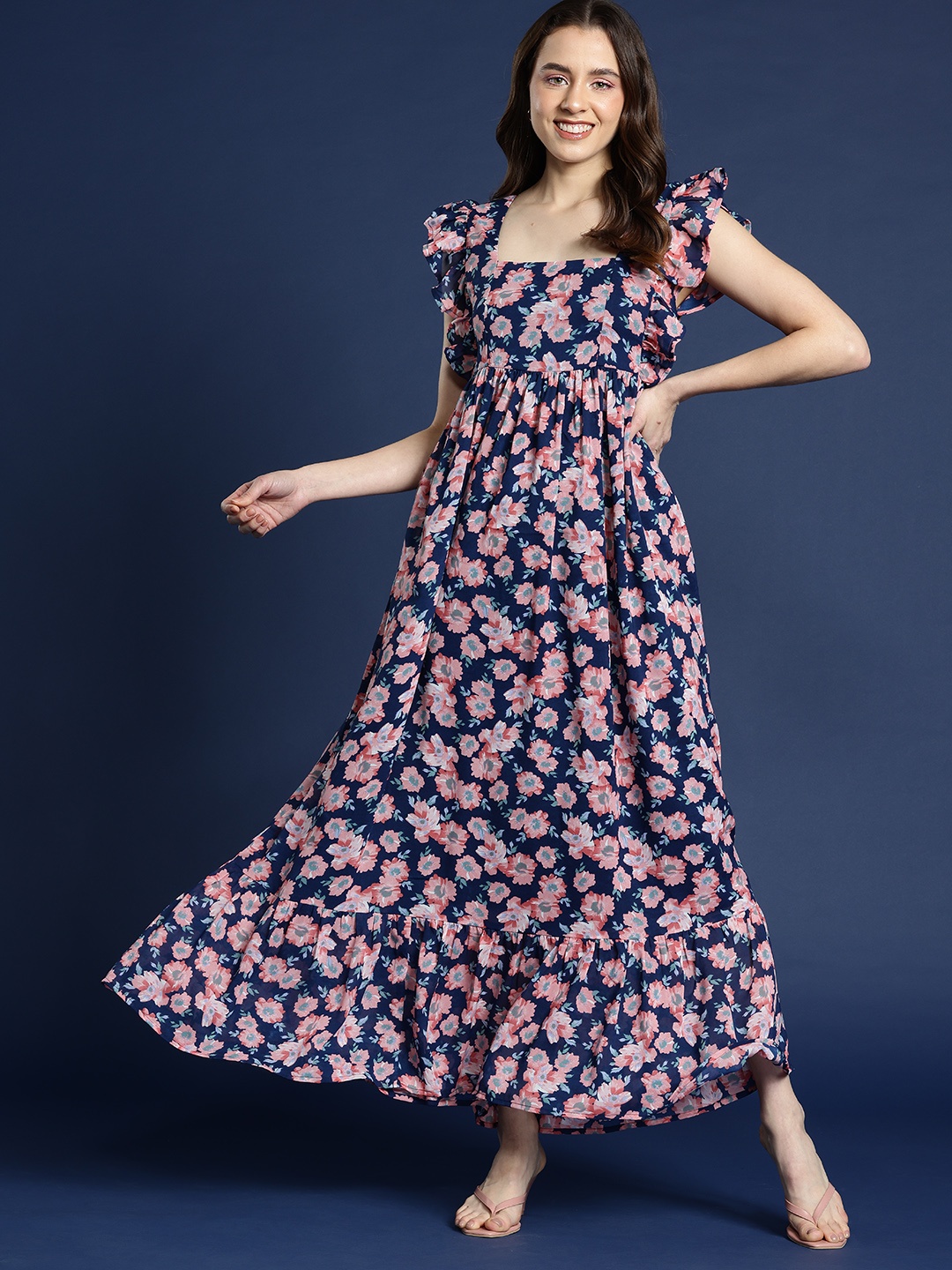

Mast & Harbour Floral Print Flutter Sleeves Georgette A-Line Maxi Dress, Multi