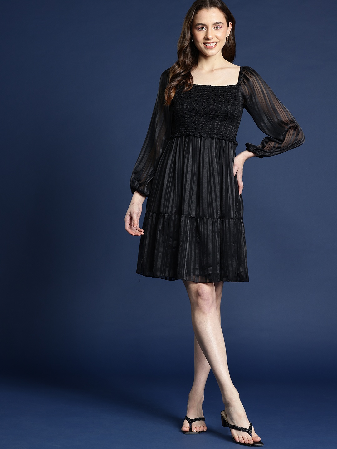 

Mast & Harbour Striped Puff Sleeves Smocked Chiffon Fit & Flare Dress, Black