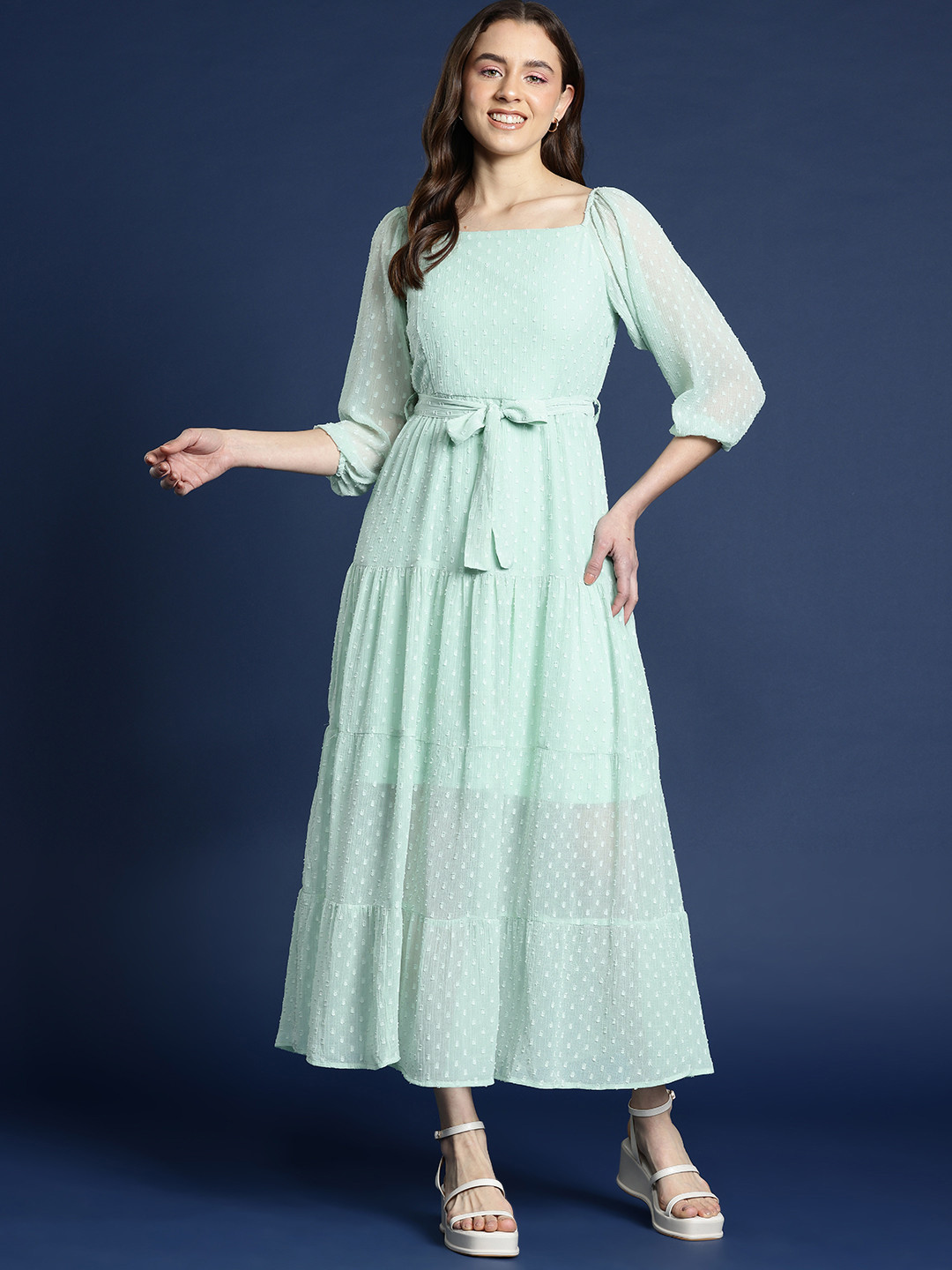 

Mast & Harbour Puff Sleeves A-Line Maxi Dress with Belt, Sea green