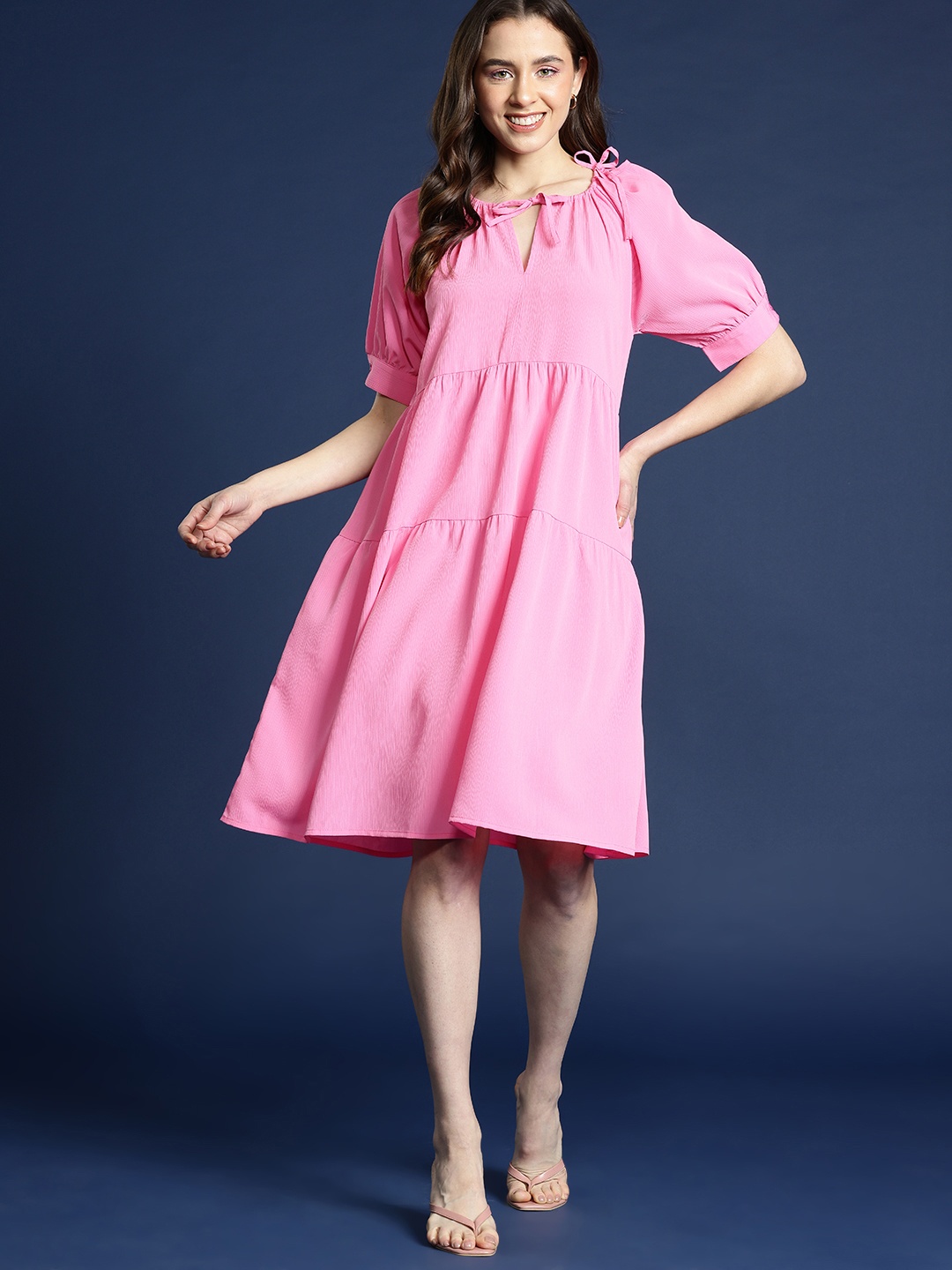 

Mast & Harbour Tie-Up Neck Puff Sleeves Crepe A-Line Dress, Pink