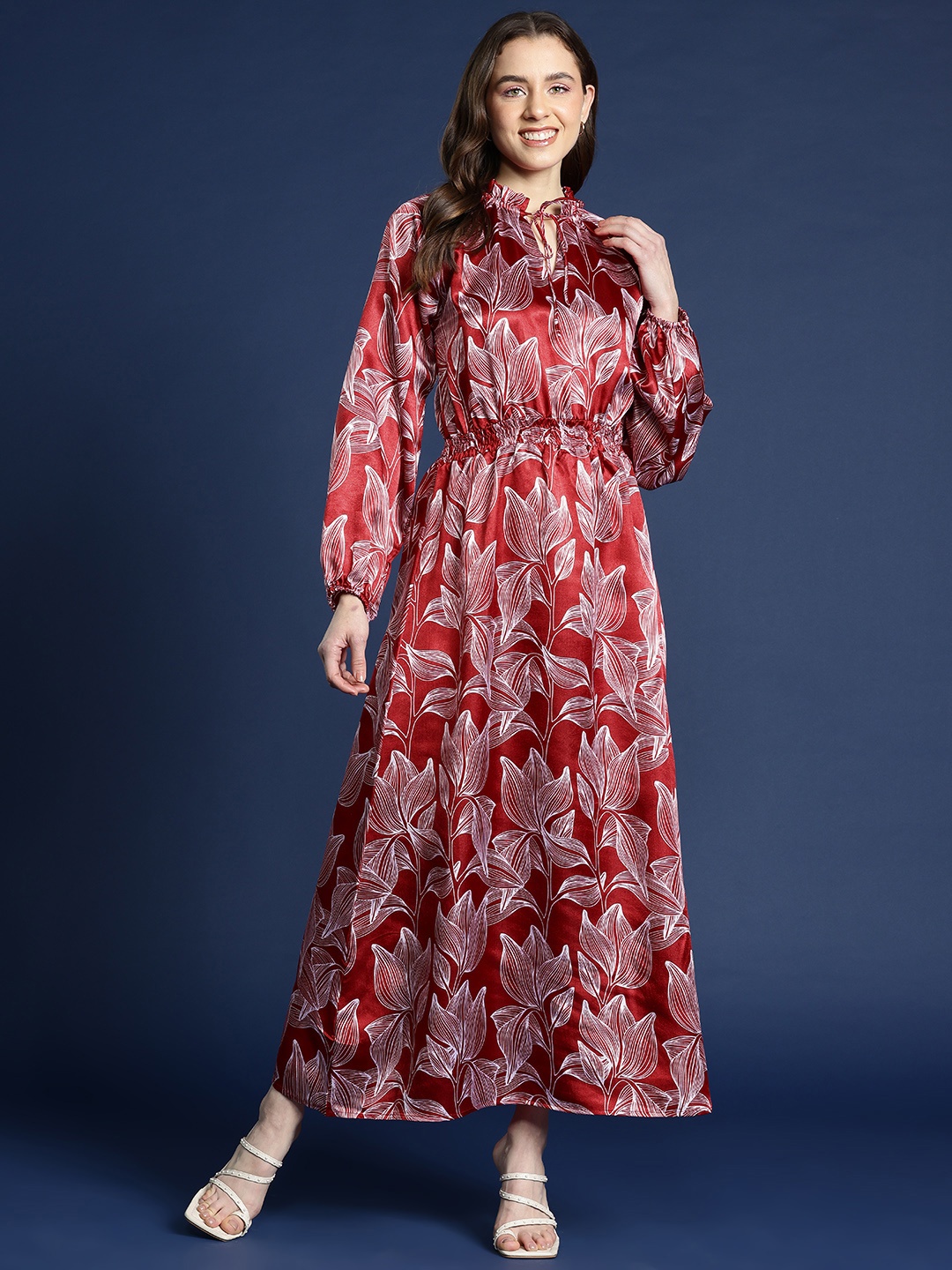 

Mast & Harbour Floral Print Tie-Up Neck Puff Sleeves Satin Maxi Dress, Multi