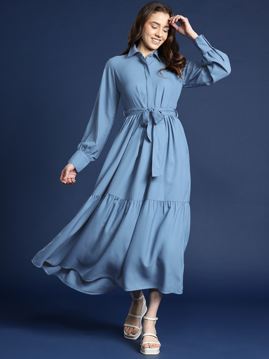 

Mast & Harbour Tiered Crepe Shirt Maxi Dress with Belt, Blue