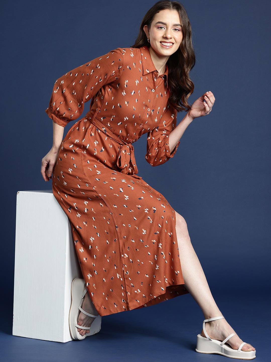 

Mast & Harbour Print Puff Sleeves Pure Cotton Shirt Midi Dress with Belt, Rust