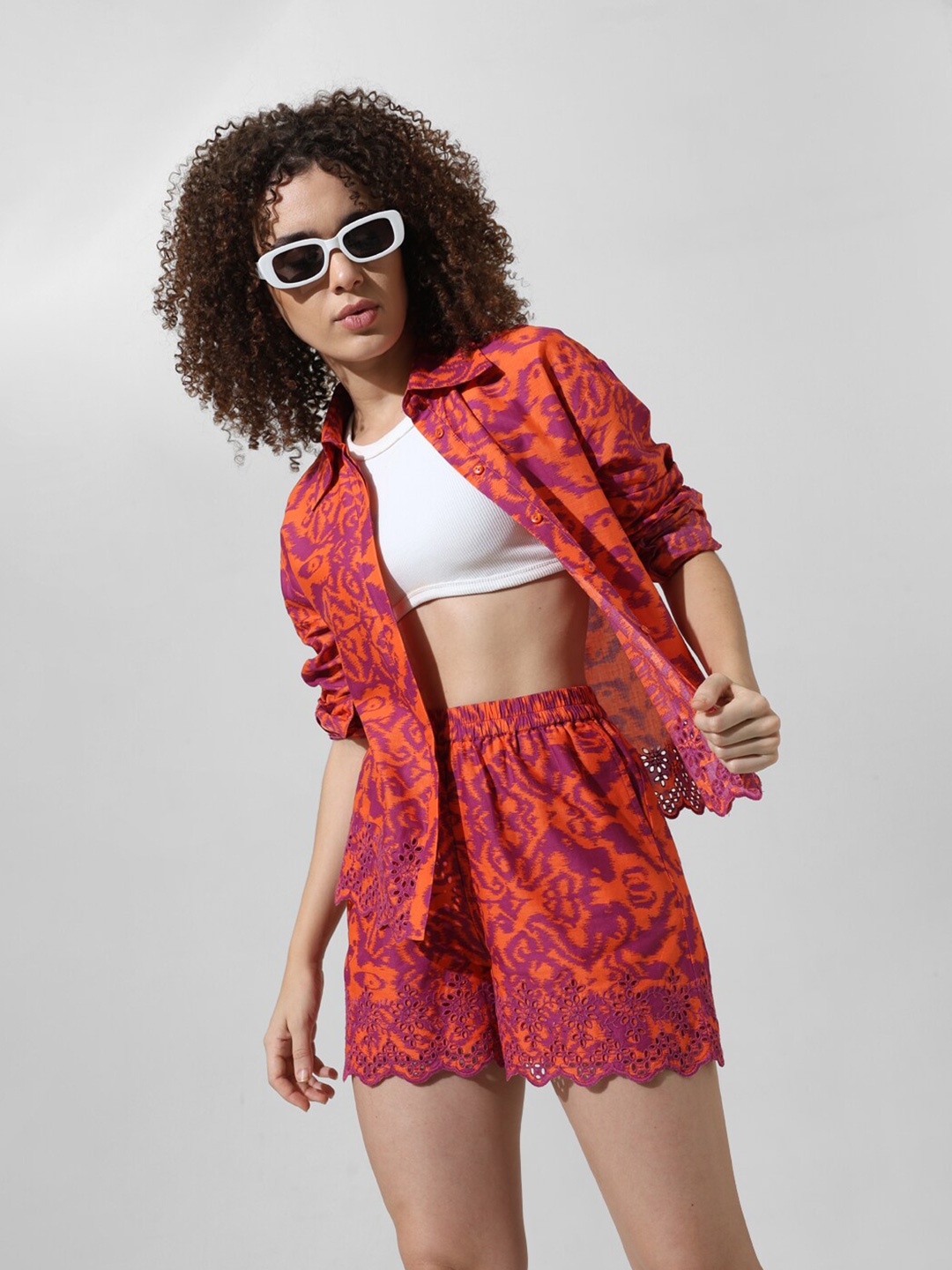 

ONLY Women Printed High-Rise Pure Cotton Shorts, Orange