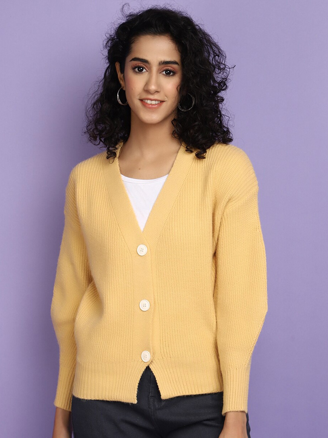 

V-Mart Ribbed Woollen Cardigan, Mustard