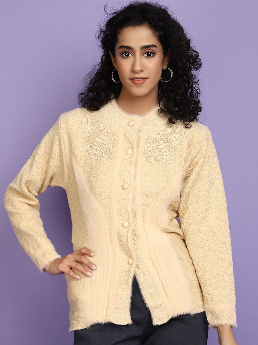 

V-Mart Cable Knit Woollen Cardigan, Beige