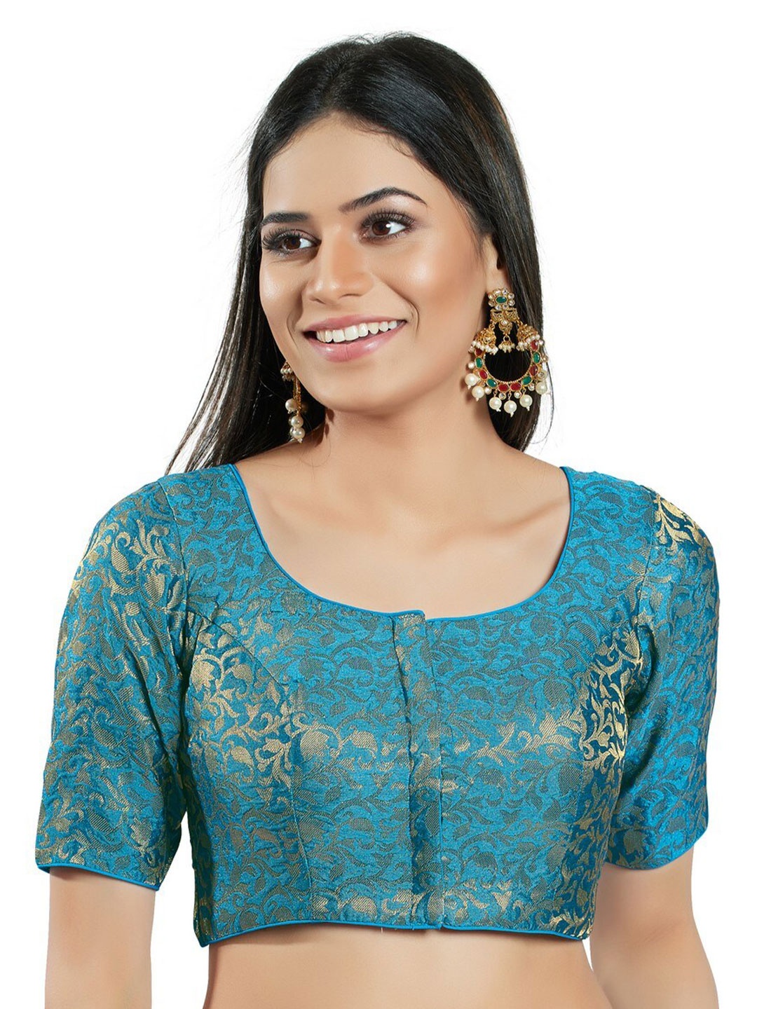 

SALWAR STUDIO Woven Design Saree Blouse, Turquoise blue