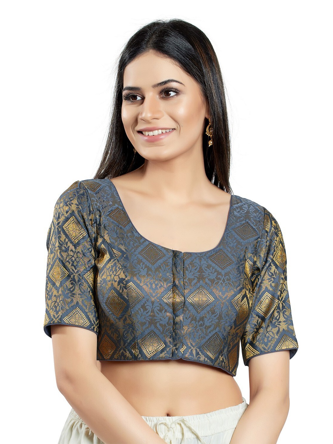 

SALWAR STUDIO Brocade Woven Design Saree Blouse, Grey