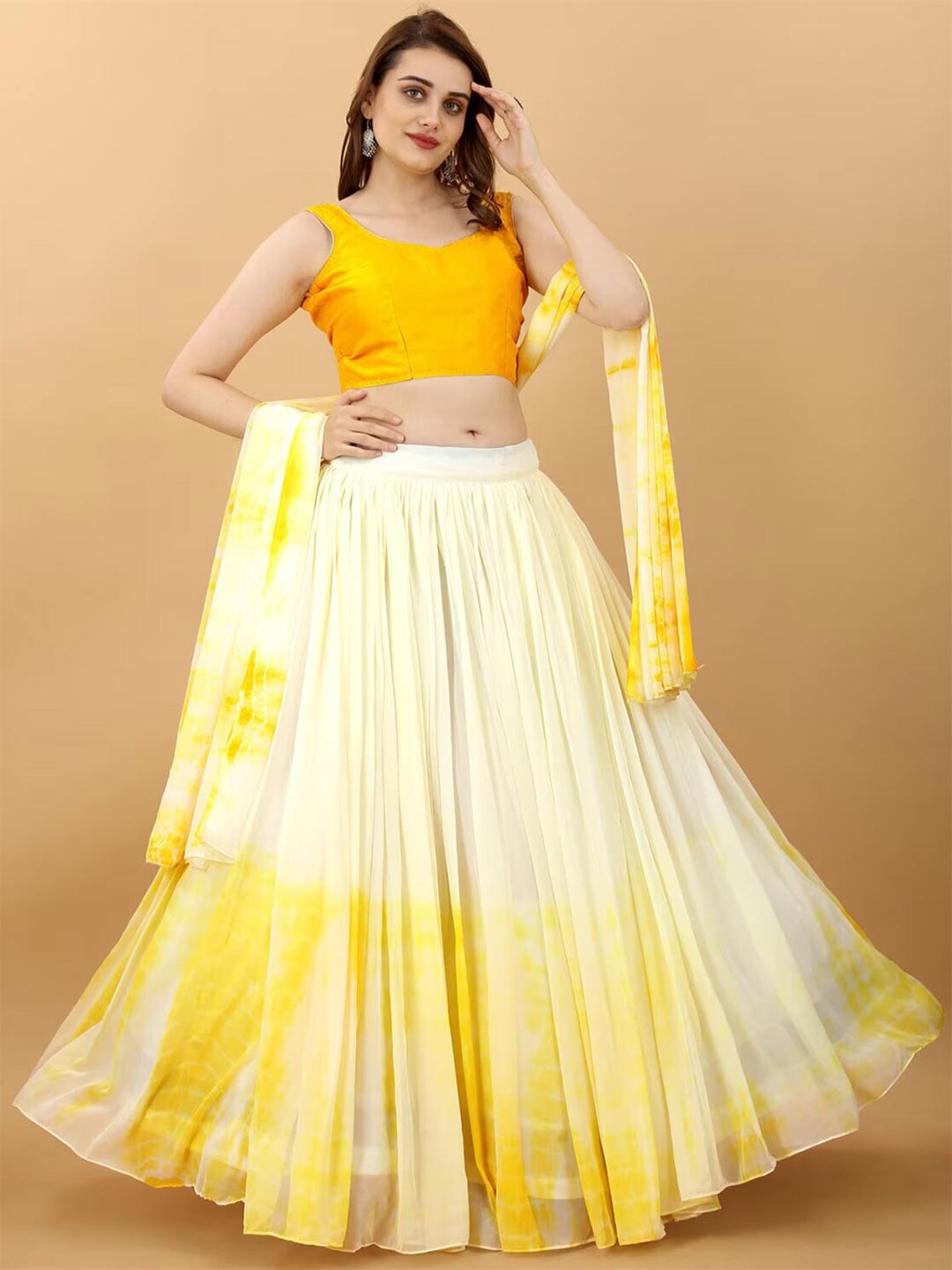 

KALINI Printed Satin Semi-Stitched Lehenga & Blouse With Dupatta, Yellow