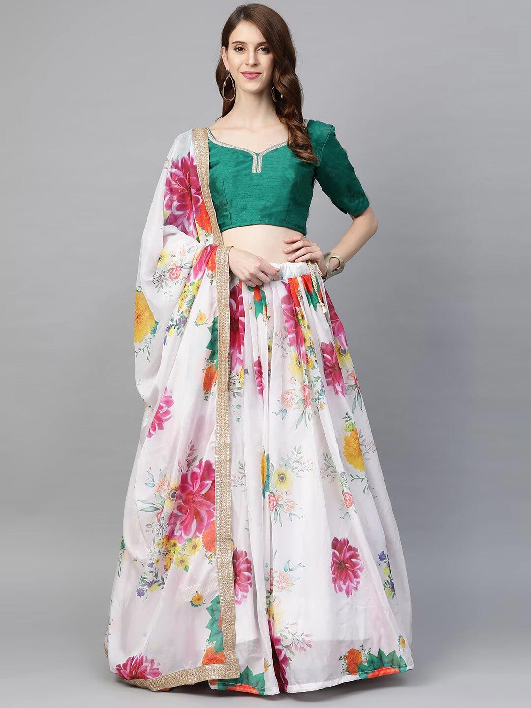 

KALINI Floral Printed Organza Semi-Stitched Lehenga & Blouse With Dupatta, White