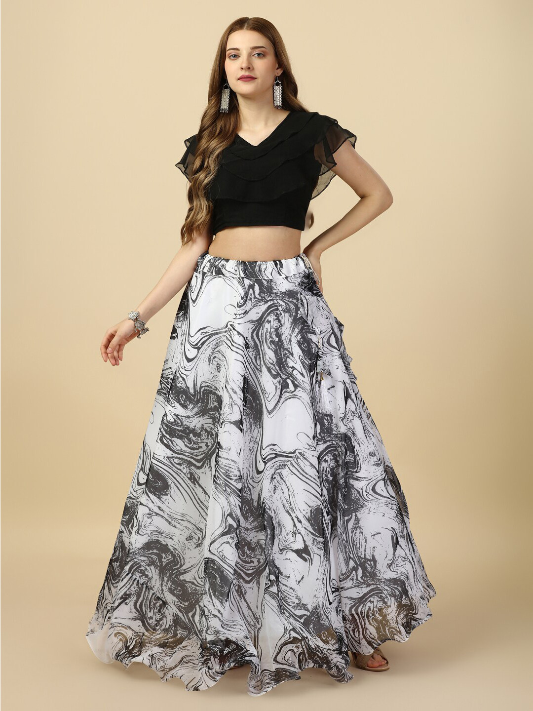 

KALINI Abstract Printed Semi-Stitched Lehenga & Blouse, Black