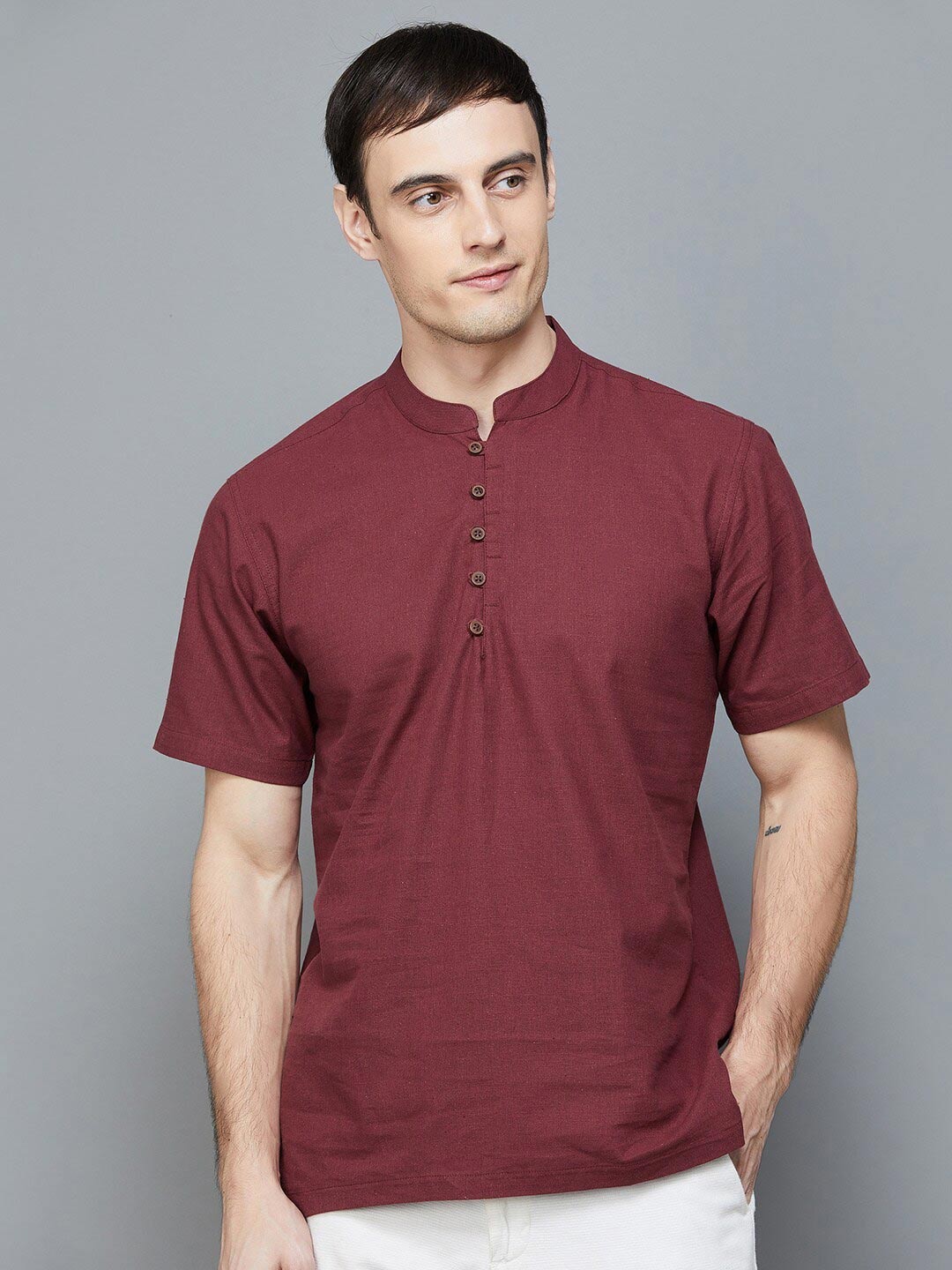

Melange by Lifestyle Mandarin Collar Cotton Kurta, Red