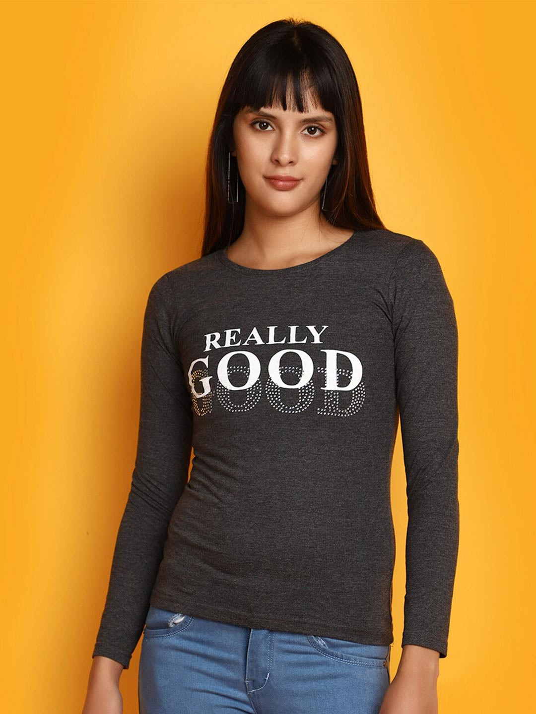

V-Mart Printed Round Neck Long Sleeves Top, Grey