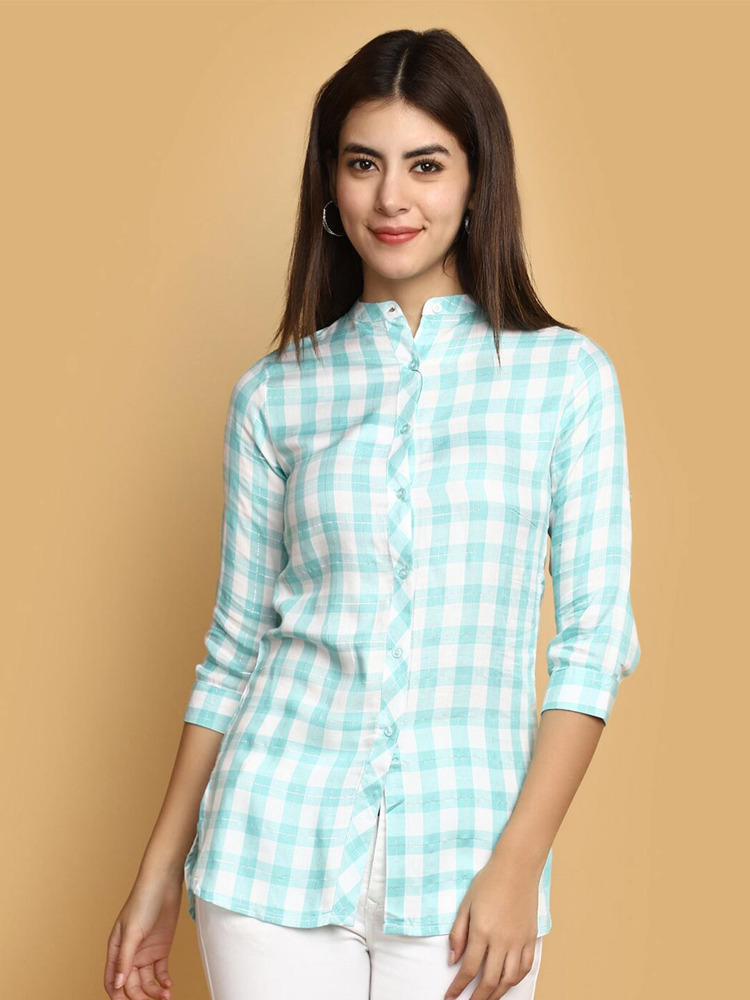 

V-Mart Checked Mandarin Collar Shirt Style Top, Green
