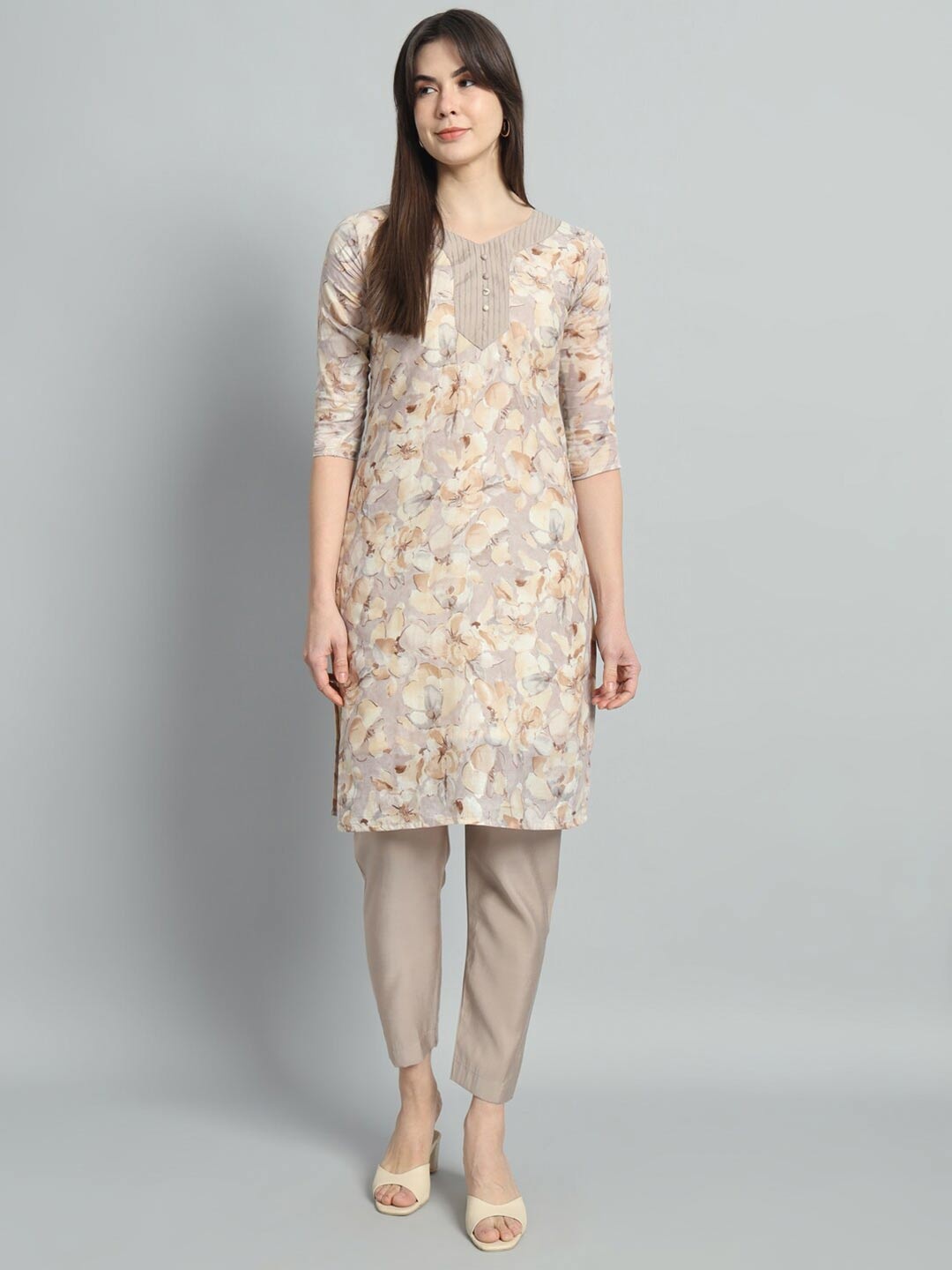 

Jinax Floral Printed V-Neck Chanderi Cotton Straight Kurta With Trouser, Cream