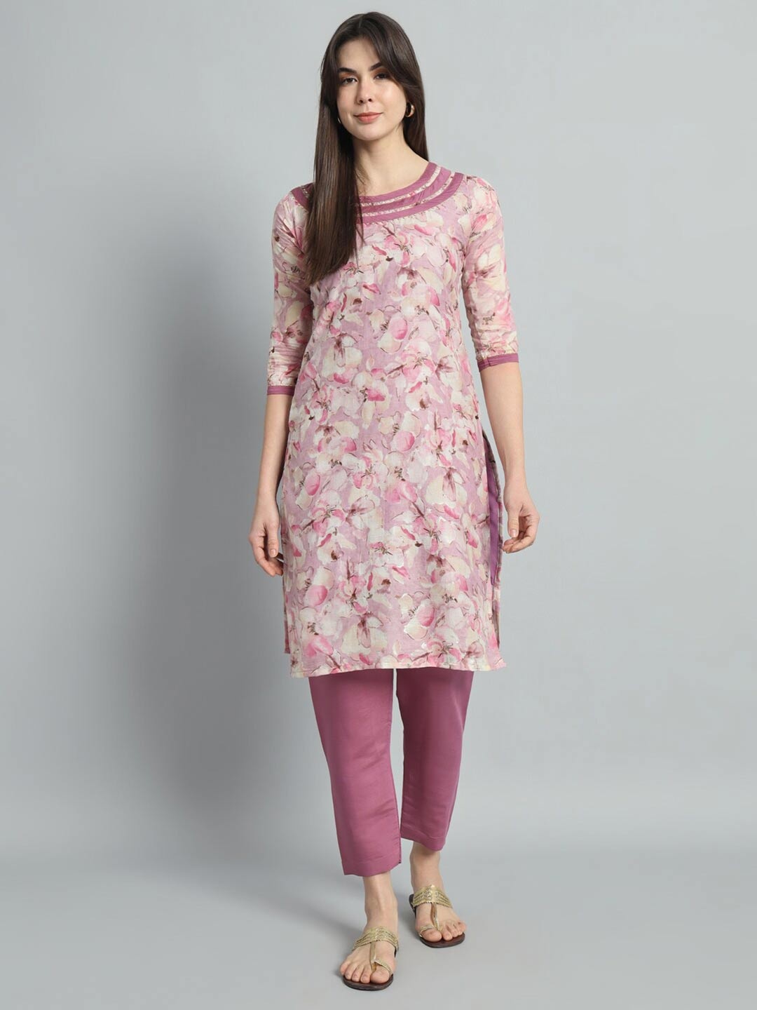 

Jinax Round Neck Floral Printed Straight Chanderi Cotton Kurta with Trousers, Pink