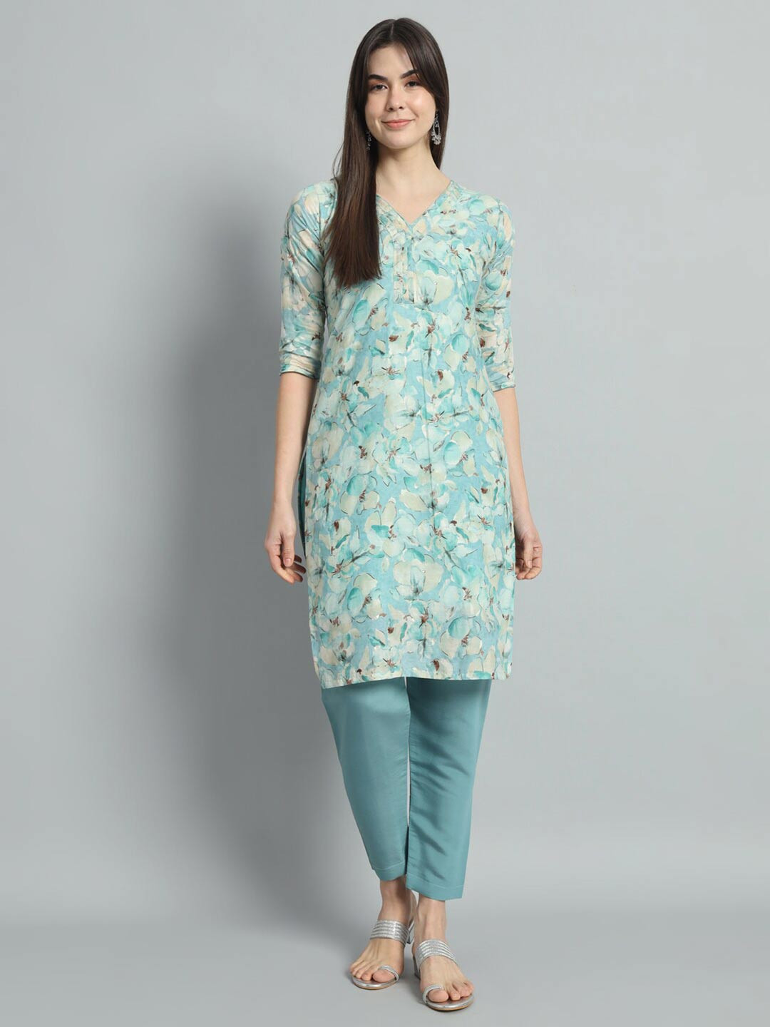 

Jinax V-neck Floral Printed Straight Chanderi Cotton Kurta with Trousers, Turquoise blue
