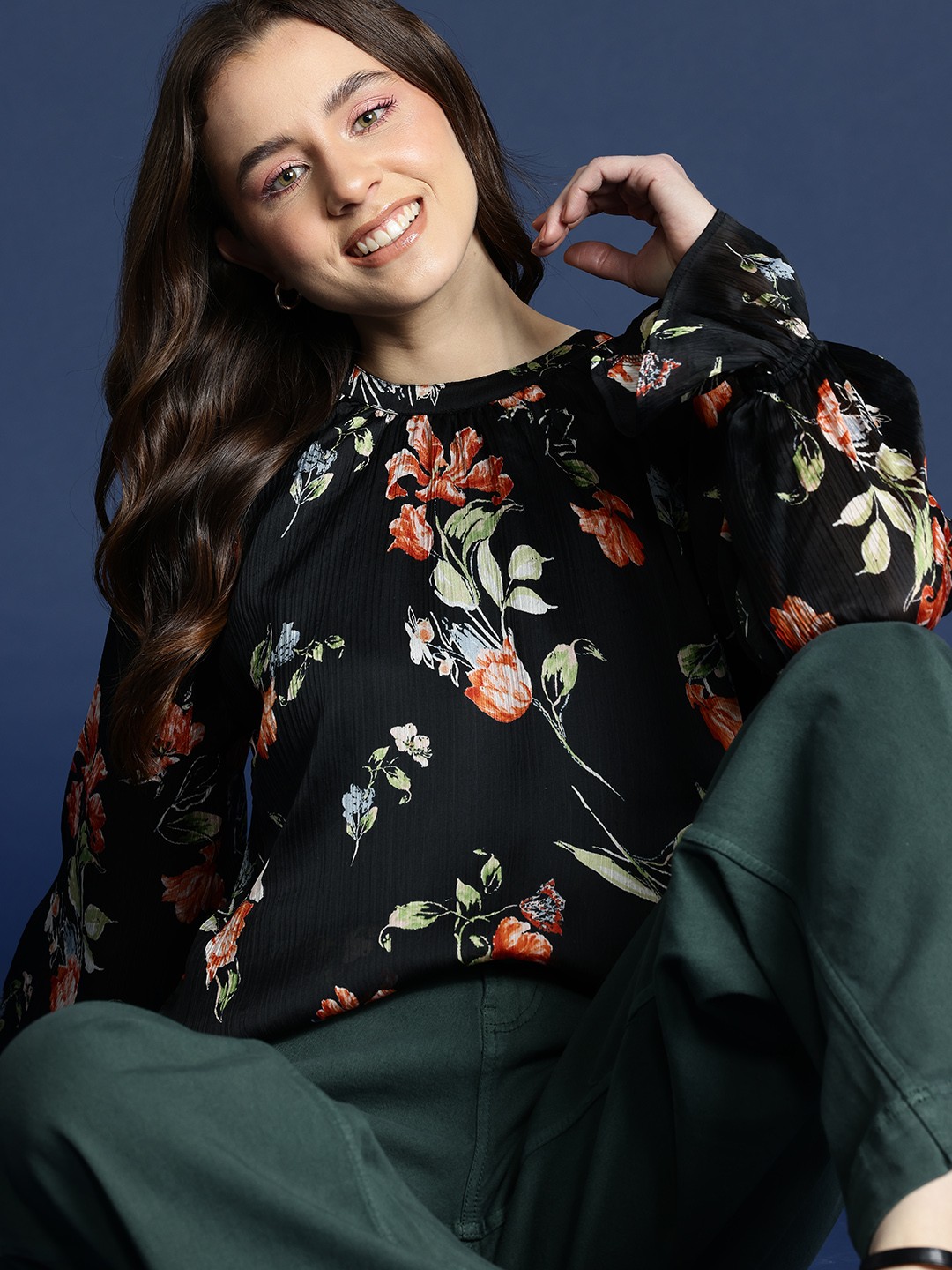 

Mast & Harbour Floral Print Bell Sleeves Chiffon Top, Black