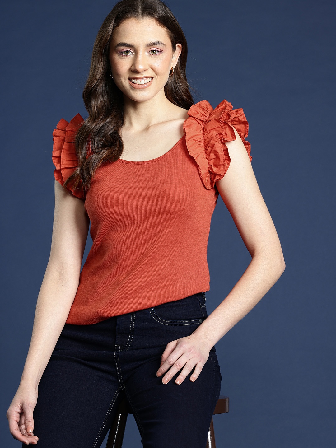 

Mast & Harbour Scoop Neck Flutter Sleeves Ruffles Top, Orange